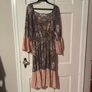 Haptics by Holly Harper Women's Brown Floral Paisley Boho Dress w Bell Sleeves S